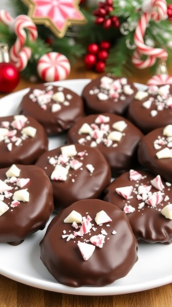 A plate of homemade peppermint patties coated in dark chocolate, garnished with crushed peppermint, on a festive table.